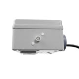 Side view of the Space Age Electronics AS01-H single outlet 15A air switch box showing the single plastic pneumatic hose nozzle connection.