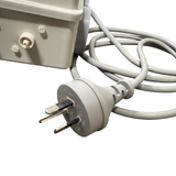 Close-up of a standard Australian 10A 250V grey 3-pin power plug and cord next to a Space Age Electronics AS02 pool air switch box.