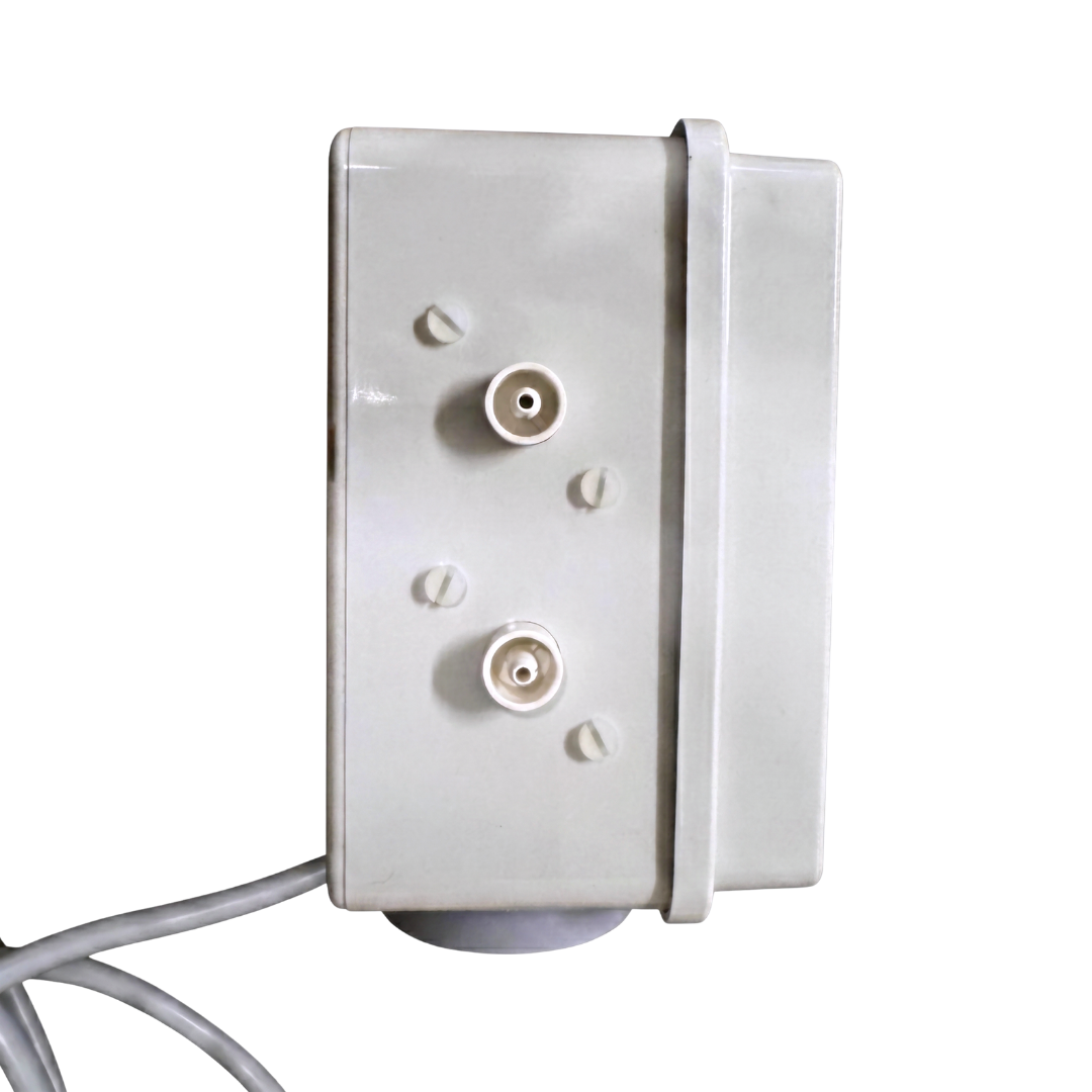 Vertical side view of the Space Age Electronics AS02 standard 10A pool air switch box showing the dual plastic pneumatic tube nozzles and grey power cord tail.