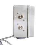 Vertical side view of the Space Age Electronics AS02 standard 10A pool air switch box showing the dual plastic pneumatic tube nozzles and grey power cord tail.