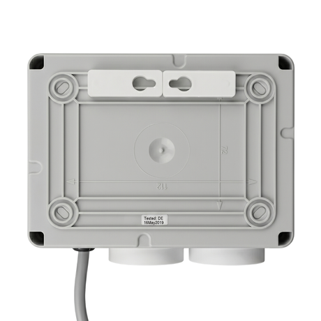 Rear view of Space Age Electronics AS02 standard 10A pool air switch controller housing showing mounting brackets and 112mm by 72mm installation template dimensions