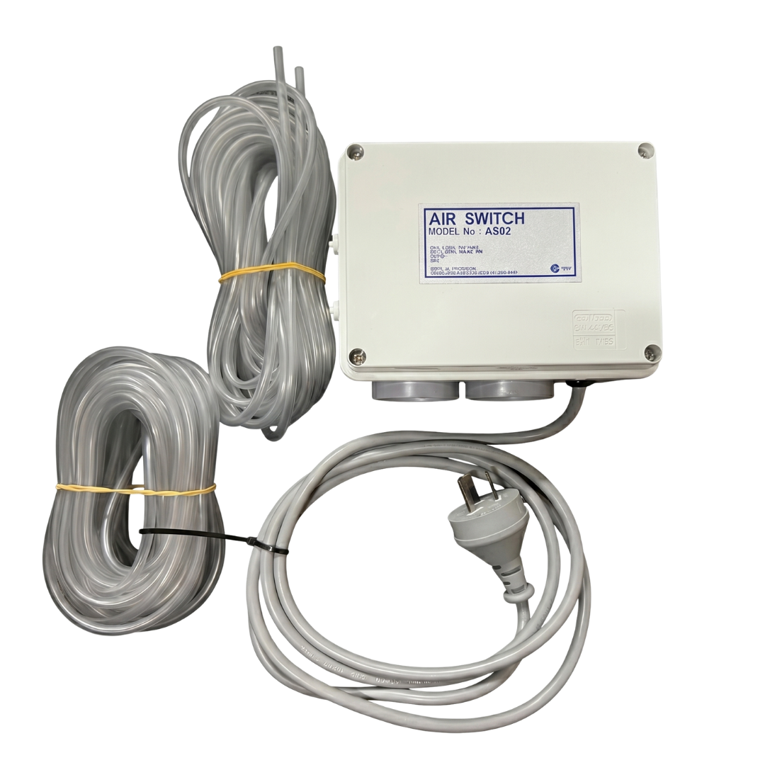 Space Age Electronics AS02 standard 10A dual outlet pool air switch kit, including the controller box, grey power cord, and two bundled rolls of clear vinyl air tubing.
