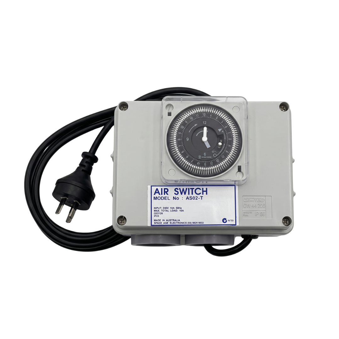 Overhead product view of the Space Age Electronics AS02-T 240V 10A pool and spa air switch controller featuring an analog timer and attached power plug.