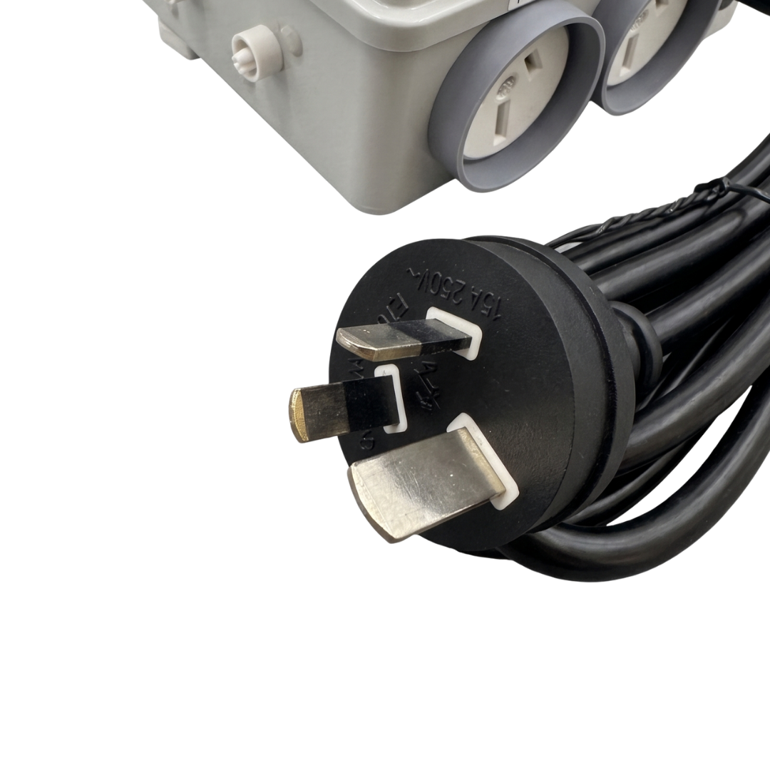 Close-up of an Australian 15A 250V heavy duty 3-pin mains power plug showing the oversized earth pin for a Space Age Electronics AS02-H air switch.