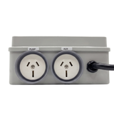 Bottom view of Space Age Electronics AS02-H heavy duty air switch showing dual 15A weather-resistant GPO outlets labeled PUMP and AUX.