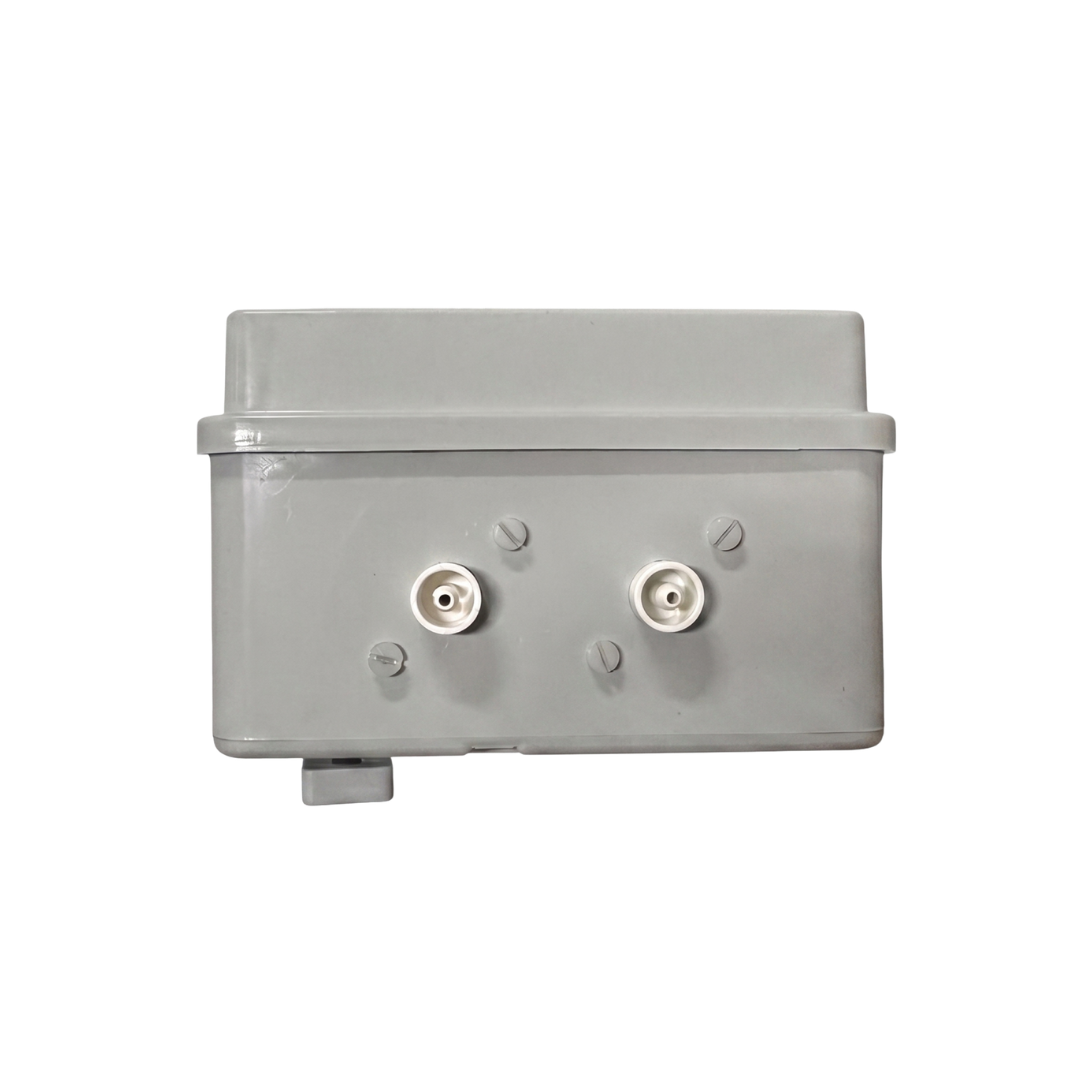 Side view of the Space Age Electronics AS02-H heavy duty 15A pool air switch controller showing the dual plastic pneumatic tube nozzles on a white background.