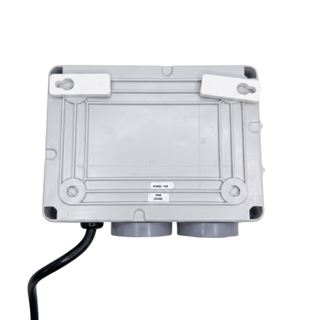 Rear view of Space Age Electronics AS02-H heavy duty 15A pool air switch controller showing wall mounting brackets and enclosure dimensions template.