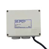 Front view of Space Age Electronics AS02-H heavy duty 15A pool and spa air switch controller box on a white background.