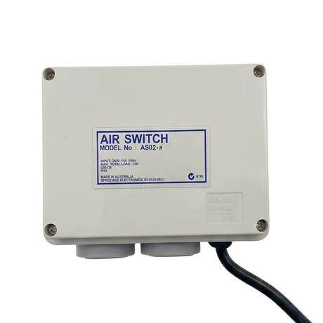 Front view of Space Age Electronics AS02-H heavy duty 15A pool and spa air switch controller box on a white background.