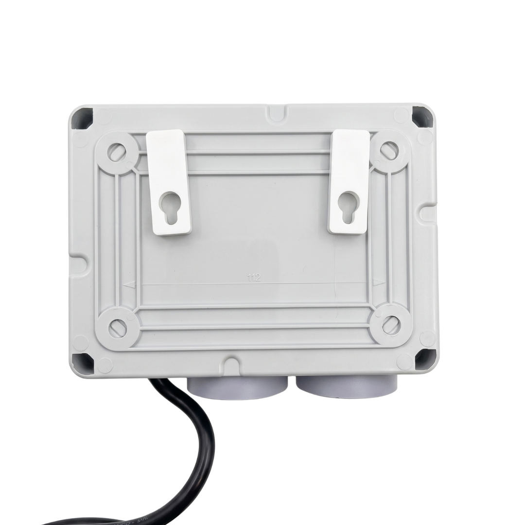 Back view of the Space Age Electronics AS02-T pool air switch box highlighting the dual plastic wall mounting brackets and rear casing template on a white background.