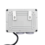 Back view of the Space Age Electronics AS02-T pool air switch box highlighting the dual plastic wall mounting brackets and rear casing template on a white background.