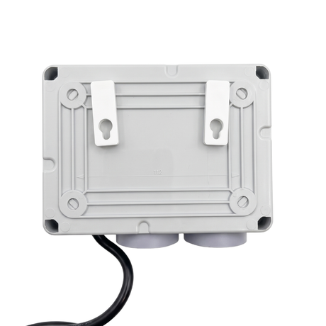 Back view of the Space Age Electronics AS02-T pool air switch box highlighting the dual plastic wall mounting brackets and rear casing template on a white background.