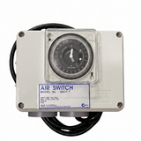 Space Age Electronics AS02-T model 10A pool and spa air switch controller box with integrated analog 244-hour time clock on a white background.