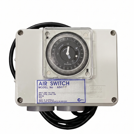 Space Age Electronics AS02-T model 10A pool and spa air switch controller box with integrated analog 244-hour time clock on a white background.