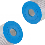 Angled diagonal view of two SQ50 replacement filter elements for square basket skimmers highlighting the blue open end caps and internal plastic core grates