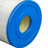 Extreme close-up view of an SQ50 replacement filter element for square basket skimmers highlighting the blue open end cap and internal plastic core slots