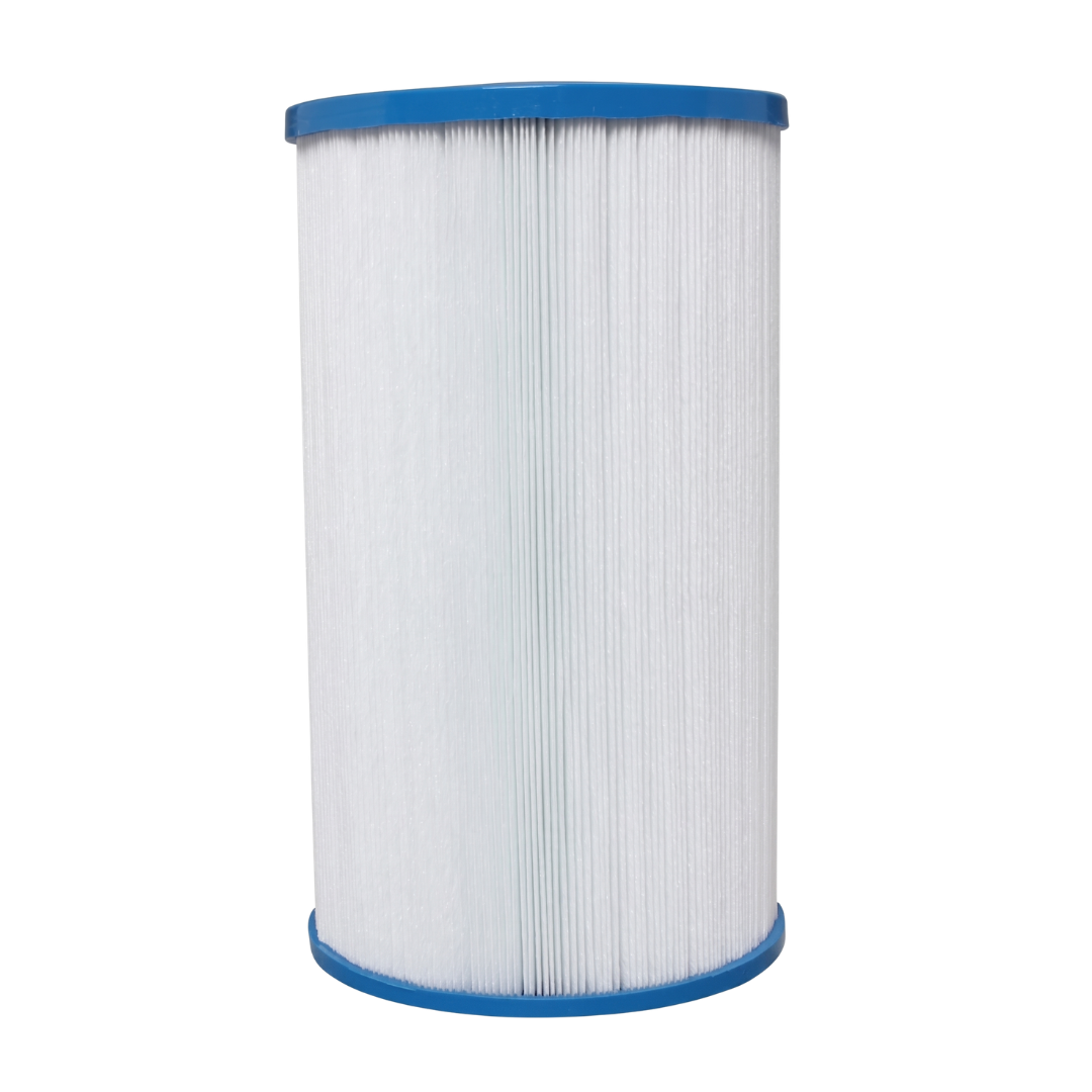 Full front profile view of an SQ50 replacement filter element for square basket skimmers showing the dense white pleated fabric and blue end caps
