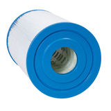 Angled close-up view of an SQ50 replacement filter element for square basket skimmers highlighting the blue open end cap and internal perforated plastic core
