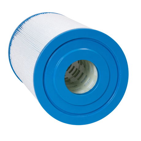 Angled close-up view of an SQ50 replacement filter element for square basket skimmers highlighting the blue open end cap and internal perforated plastic core