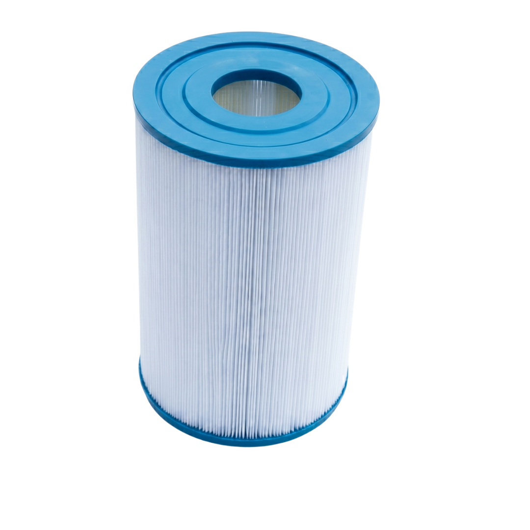 Slightly elevated front view of an SQ50 replacement filter element for square basket skimmers showing the blue open top cap with concentric ridges