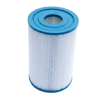 Slightly elevated front view of an SQ50 replacement filter element for square basket skimmers showing the blue open top cap with concentric ridges