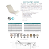 S.R. Smith Destination Series Rocking Lounge Chair technical specification sheet showing part numbers, color texture options, product features, and schematic dimensions.