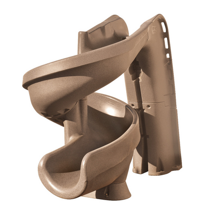 S.R.Smith Helix2 taupe rotomolded spiral swimming pool slide with a 360-degree water flume and integrated enclosed safety ladder for inground pools.