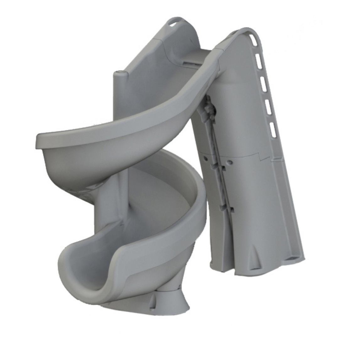 S.R.Smith Helix2 gray commercial-grade spiral swimming pool slide featuring a deep 360-degree water flume and integrated safety ladder for inground pools.