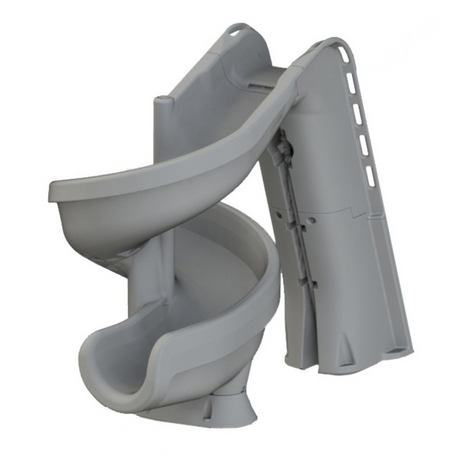 S.R.Smith Helix2 gray commercial-grade spiral swimming pool slide featuring a deep 360-degree water flume and integrated safety ladder for inground pools.