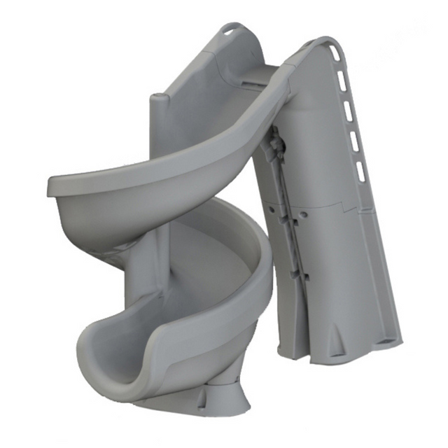 S.R.Smith Helix2 gray commercial-grade spiral swimming pool slide featuring a deep 360-degree water flume and integrated safety ladder for inground pools.