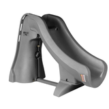 Profile view of an S.R.Smith SlideAway gray portable inground pool slide showing the curved water flume structure and a built-in safety ladder
