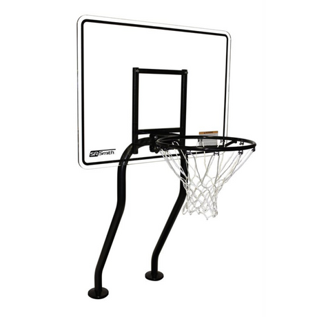  S.R. Smith Swim-N-Dunk commercial salt-friendly dual-post pool basketball hoop system with a clear backboard and black vinyl-coated frames