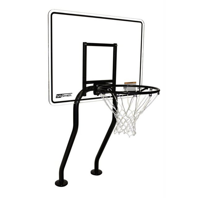  S.R. Smith Swim-N-Dunk commercial salt-friendly dual-post pool basketball hoop system with a clear backboard and black vinyl-coated frames