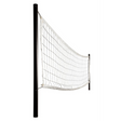 S.R. Smith Swim N' Spike in-ground swimming pool volleyball game featuring black vinyl-coated stainless steel upright posts and a competitive white net against a plain background.