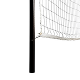 Detailed view of the bottom tension cord attachment for the S.R. Smith Swim N' Spike swimming pool volleyball net on a black vinyl-coated post.