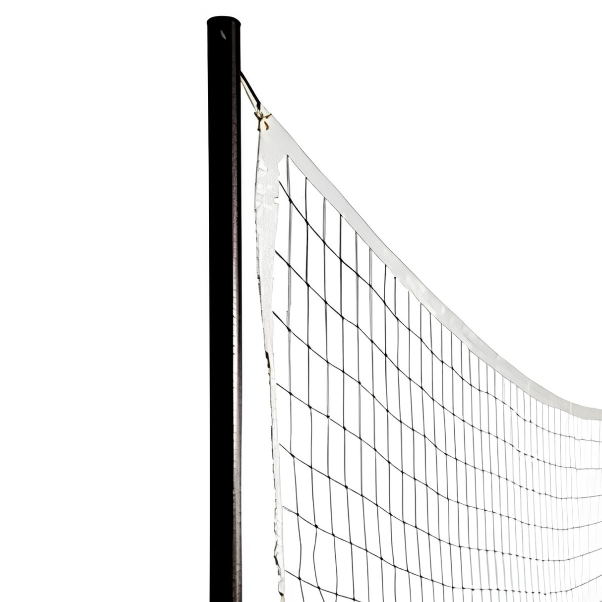 Close-up view of the S.R. Smith Swim N' Spike pool volleyball net showing the top attachment detail on the black vinyl-coated upright pole.