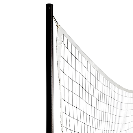 Close-up view of the S.R. Smith Swim N' Spike pool volleyball net showing the top attachment detail on the black vinyl-coated upright pole.