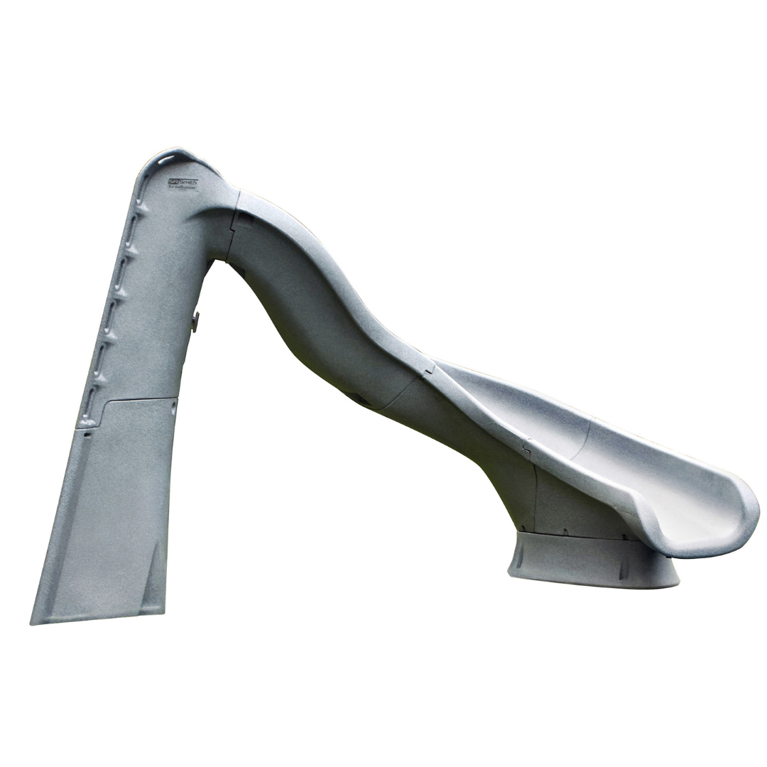 Side profile view of an S.R. Smith TurboTwister gray rotomolded residential swimming pool slide featuring an enclosed safety ladder on the left and a right-curve flume on the right, isolated on a solid white background.