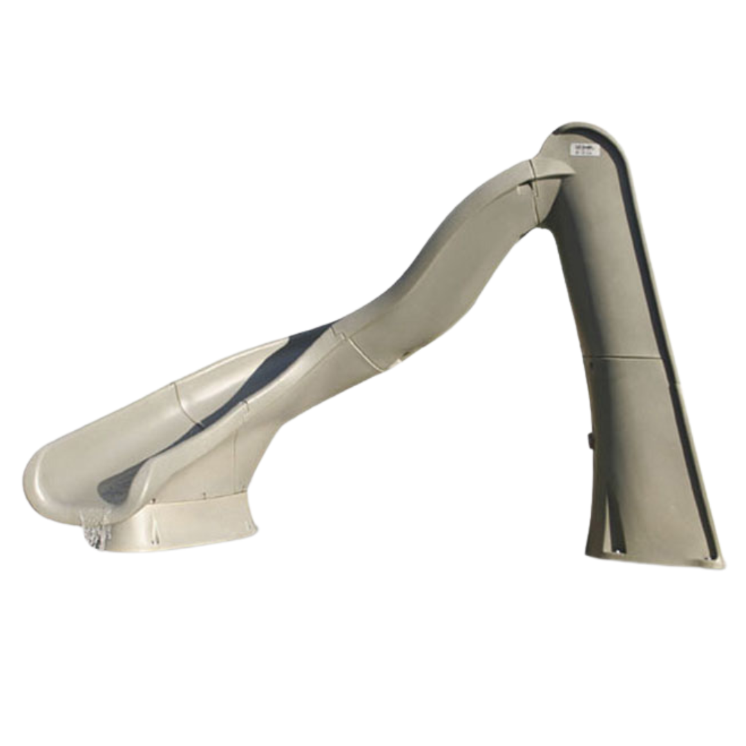 Side profile view of an S.R. Smith TurboTwister sandstone tan rotomolded residential swimming pool slide featuring an enclosed safety ladder on the right and a left-curve flume with a running water feature on the left, isolated on a white background.