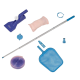 Studio product photo of the complete Supa-Vac spa and hot tub underwater maintenance kit components spread across an isolated white background, including a blue vacuum head, fine mesh filter bag, telescopic pole, skim net attachment, drainage hose, hose adapters, and retaining clip.