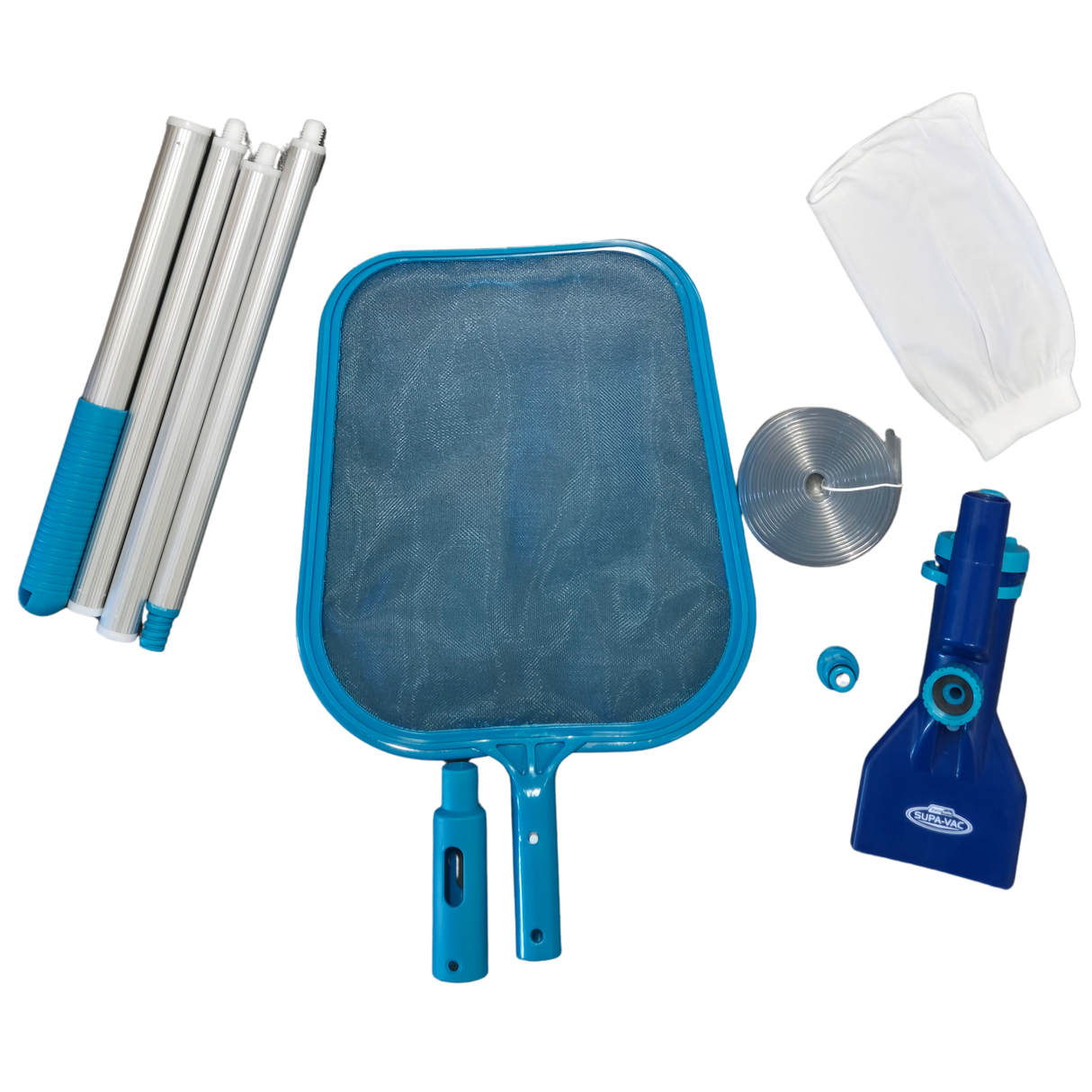 A top-down studio product shot of the contents from a Supa-Vac pool maintenance kit isolated on a white background, including a blue leaf skimmer net, a dark blue Supa-Vac vacuum head, a white debris mesh bag, a coiled vinyl hose, a hose connector plug, and a four-section aluminum telescopic pole.