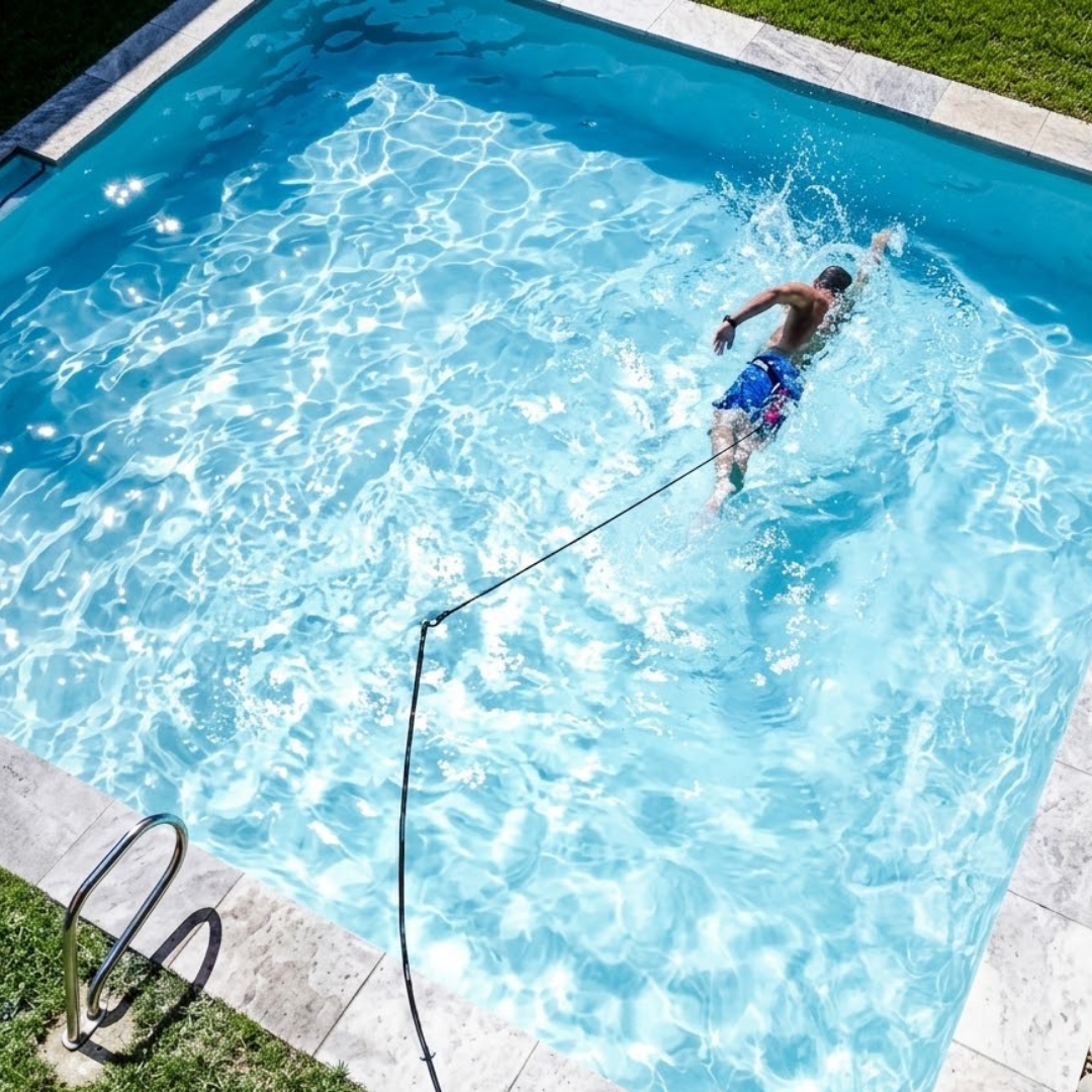 High-angle overhead view of a man swimming freestyle in place using a Swim Tether resistance system attached to a pool deck post in a rectangular backyard swimming pool.
