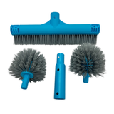 Disassembled blue plastic pool brush kit components displaying a main linear wall brush head, two round corner scrubbing bristles, and a detachable handle adapter.
