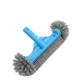 Rear view of a blue plastic swimming pool wall and corner cleaning brush head with gray bristles and a quick-release butterfly clip handle connection on a white background.
