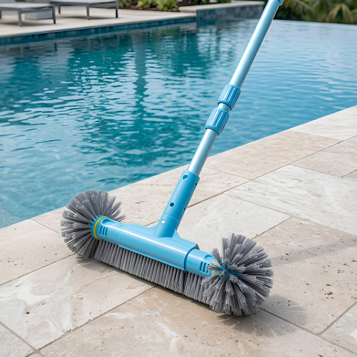 Blue plastic swimming pool wall and corner brush with gray bristles attached to an aluminum telescopic pole sitting on travertine coping tiles poolside.