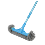 Blue plastic swimming pool wall and corner brush with stiff gray bristles attached to an adjustable aluminum telescopic extension pole on a white background.