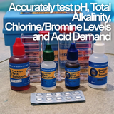 A swimming pool and spa water test kit featuring four test solution bottles, a clear testing comparator block, a blue storage case, and a blister pack of testing tablets, with text overlay reading 'Accurately test pH, Total Alkalinity, Chlorine/Bromine Levels and Acid Demand'.