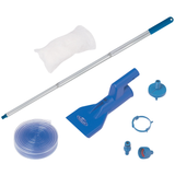 Swimsafe Supa-Vac underwater pool vacuum maintenance kit contents laid out on a white background, including the blue vacuum head, telescopic aluminum pole, filter bag, clear drainage hose, and connection fittings