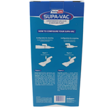The back of the Swimsafe Supa-Vac box packaging featuring an instructional guide titled 'How to Configure Your Supa-Vac'. It shows step-by-step diagrams and text for 'Configuration for cleaning' (Figure 1) and 'Configuration for emptying' (Figure 2) as a venturi pump.