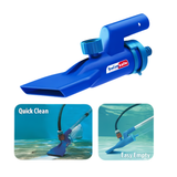 E-commerce graphic of a royal blue Swimsafe Supa-Vac underwater vacuum head isolated on a white background, featuring the red and white Swimsafe brand logo. Below the main unit, two inset demonstration photos show the vacuum attached to a hose on a pool floor, captioned Quick Clean and Easy Empty.